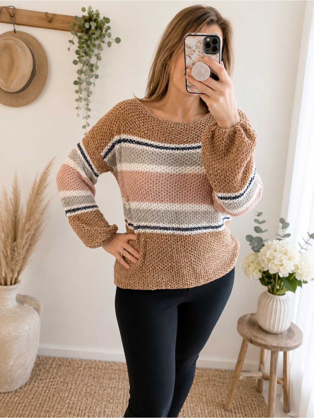 NWT ee:some Boho Striped Sweater Small Camel & Mauve Balloon Sleeve Knit